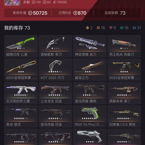 【US293-美服】25冠军套装 VCT25爪 狂徒：艾沃莉/混沌/龙炎 幻象：暗夜 其他：起源狙/盖亚重炮/紫金戍卫