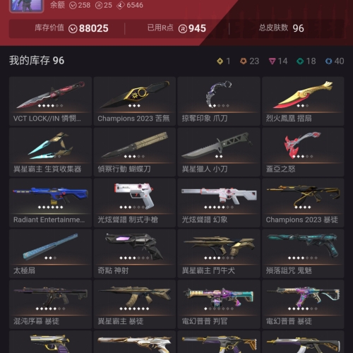 【US263-美服】23冠军套装 怜悯之刃 离火刃 Vandal：混沌/恶鬼/紫金 幻象：街机/光谱/侦察/恶鬼/离子 其他：掠夺爪/太极扇/奇点神射